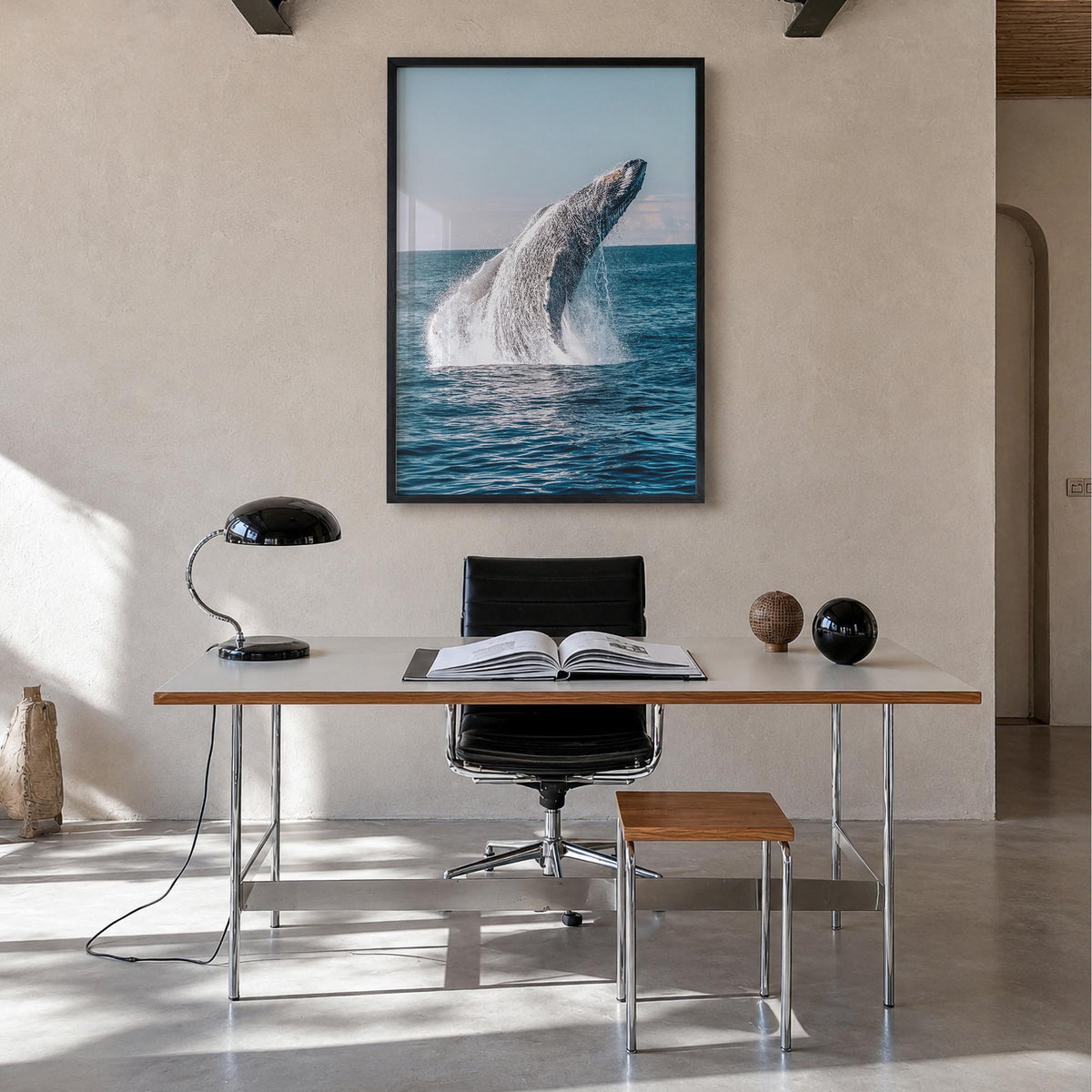 Whale no. 5 colorful photo poster – vertical wall art in black wood frame, hanging on wall
