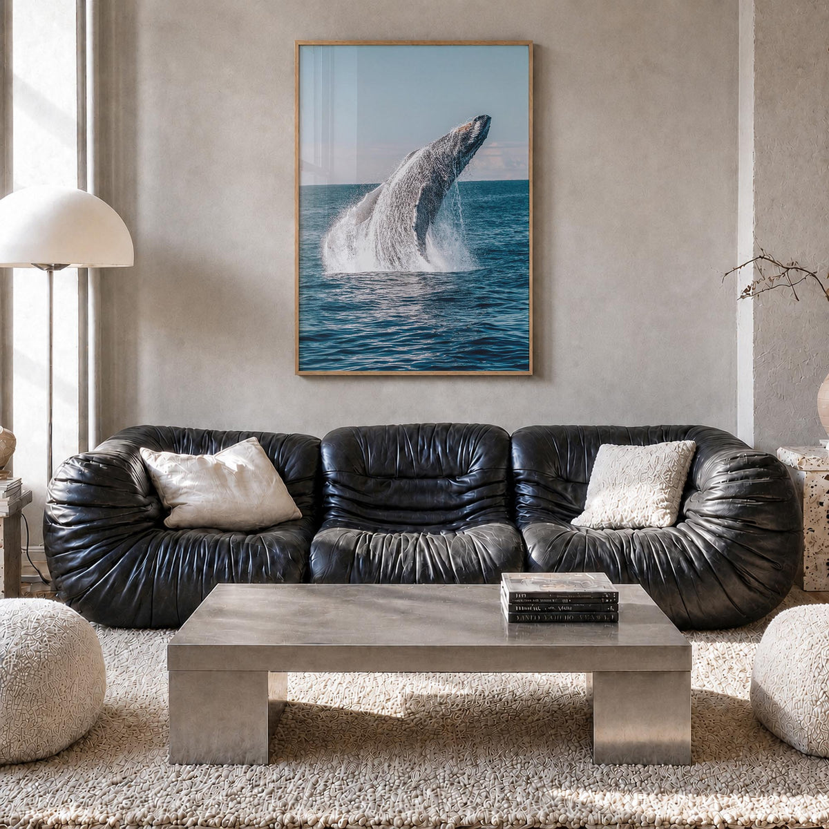 Whale no. 5 colorful photo poster – vertical wall art in natural wood frame, hanging on wall