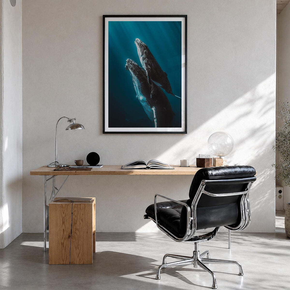 Whale no. 6 colorful photo poster – vertical wall art in black wood frame with white border, hanging on wall