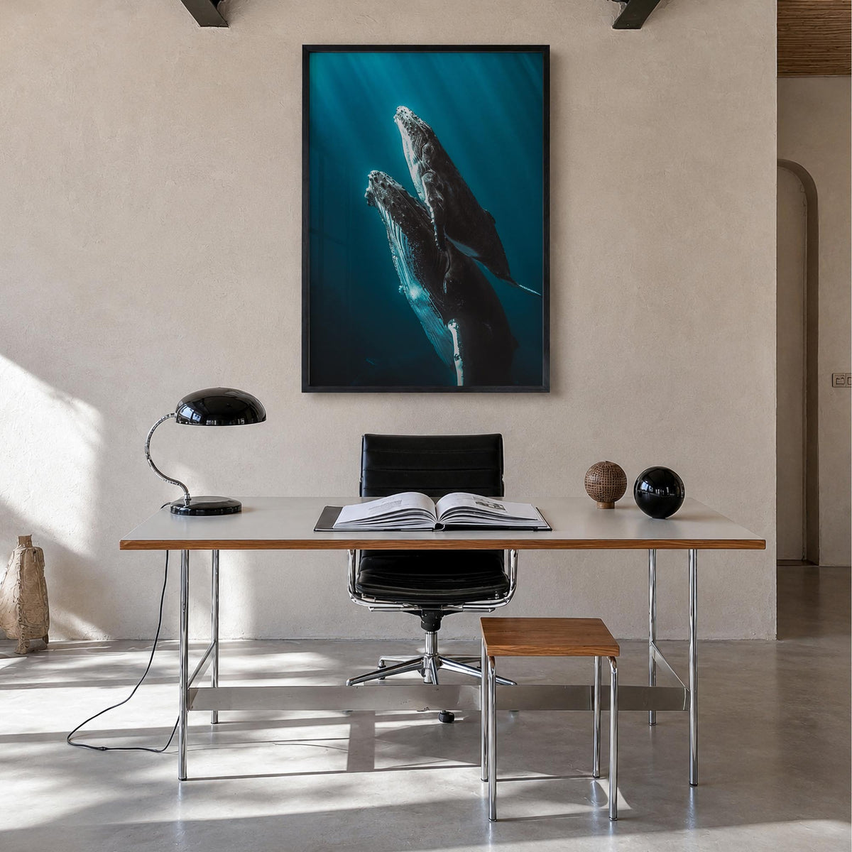 Whale no. 6 colorful photo poster – vertical wall art in black wood frame, hanging on wall