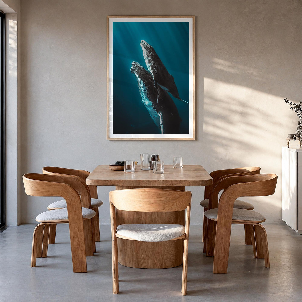 Whale no. 6 colorful photo poster – vertical wall art in natural wood frame with white border, hanging on wall