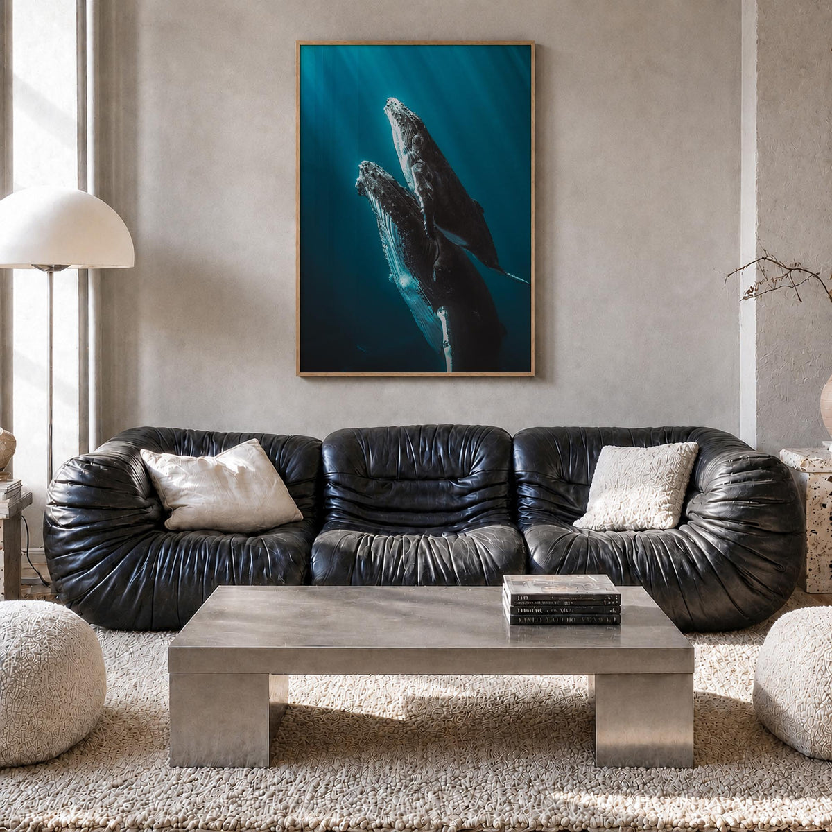 Whale no. 6 colorful photo poster – vertical wall art in natural wood frame, hanging on wall