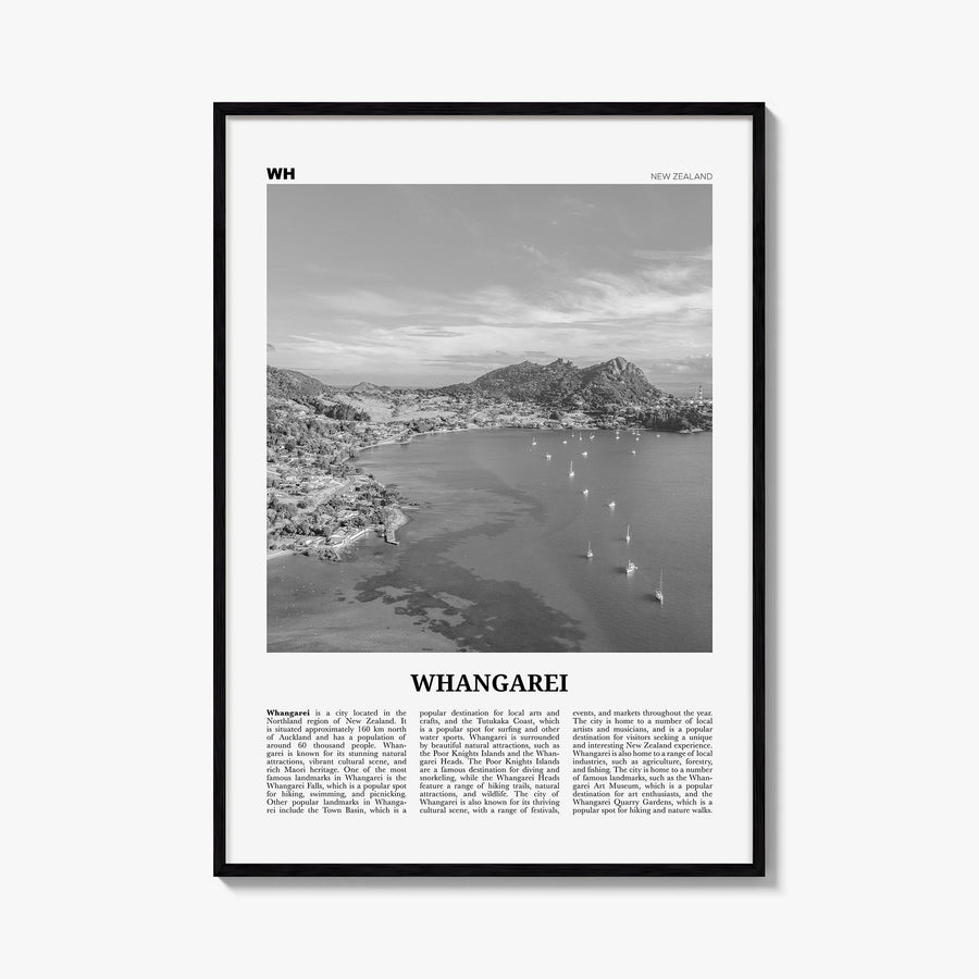Whangarei black & white newspaper poster of New Zealand – vertical wall art, unframed print shown in interior mockup