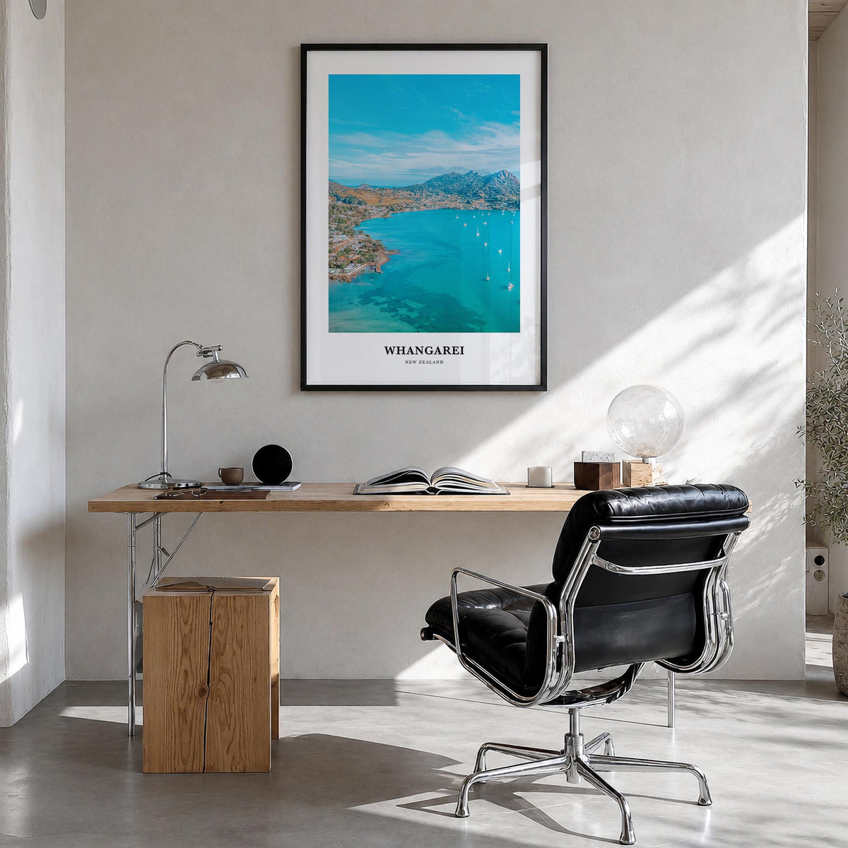 Whangarei colorful classic poster of New Zealand – vertical wall art in black wood frame, hanging on wall