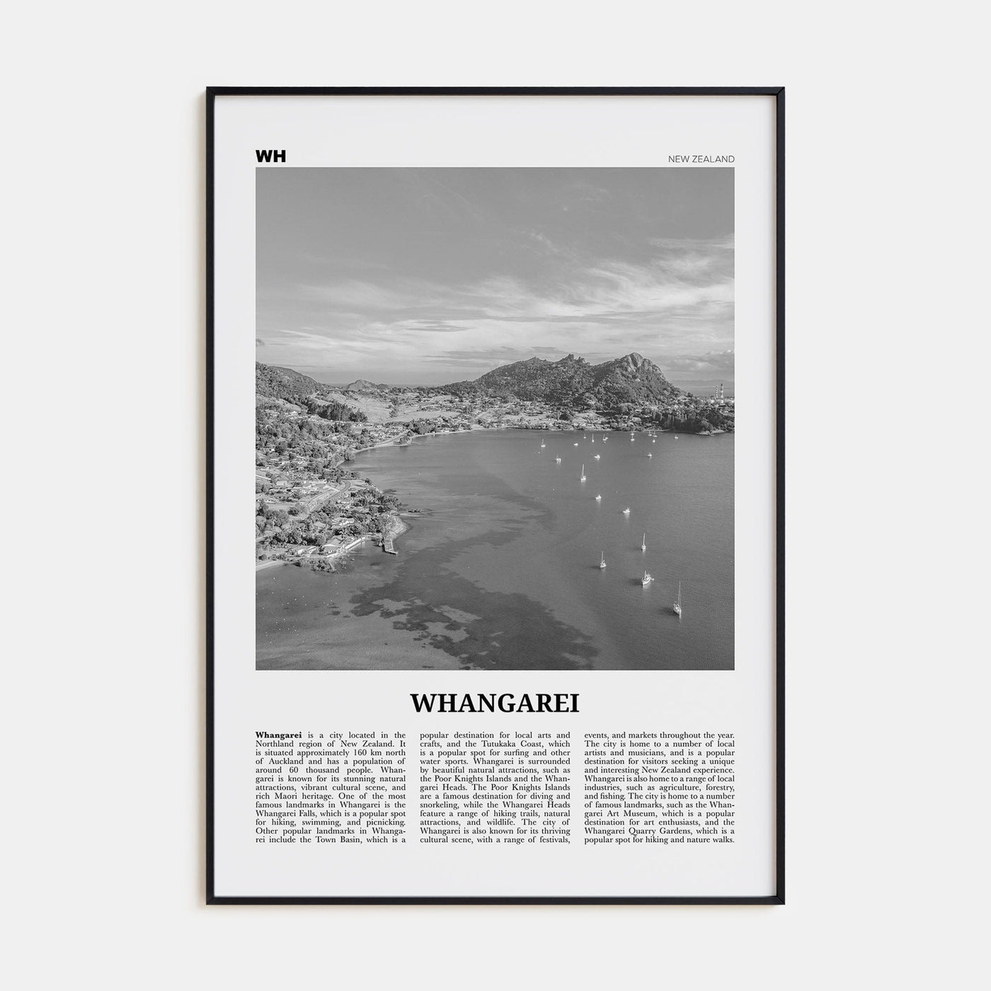 Whangarei Poster Black Metal / 8x12 in Nbourhood Travel B&W Poster