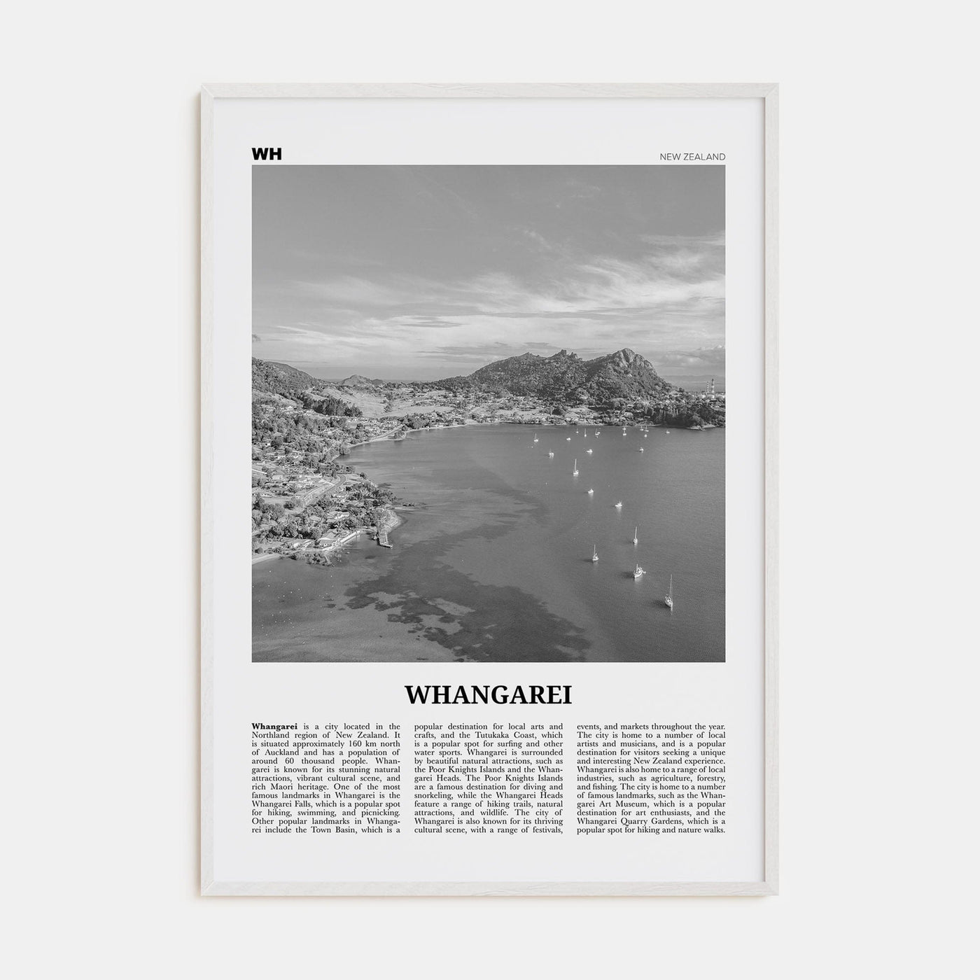 Whangarei Poster White Wood / 8x12 in Nbourhood Travel B&W Poster