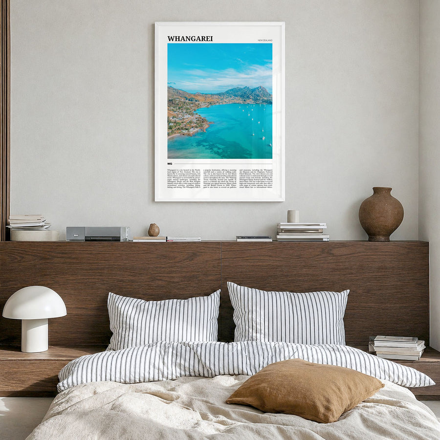 Whangārei Travel Poster in a white wood frame, hanging in a bedroom