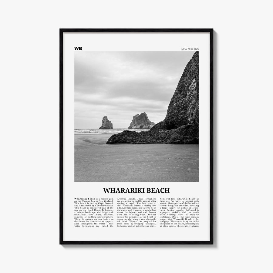 Wharariki Beach black & white newspaper poster of New Zealand – vertical wall art, unframed print shown in interior mockup