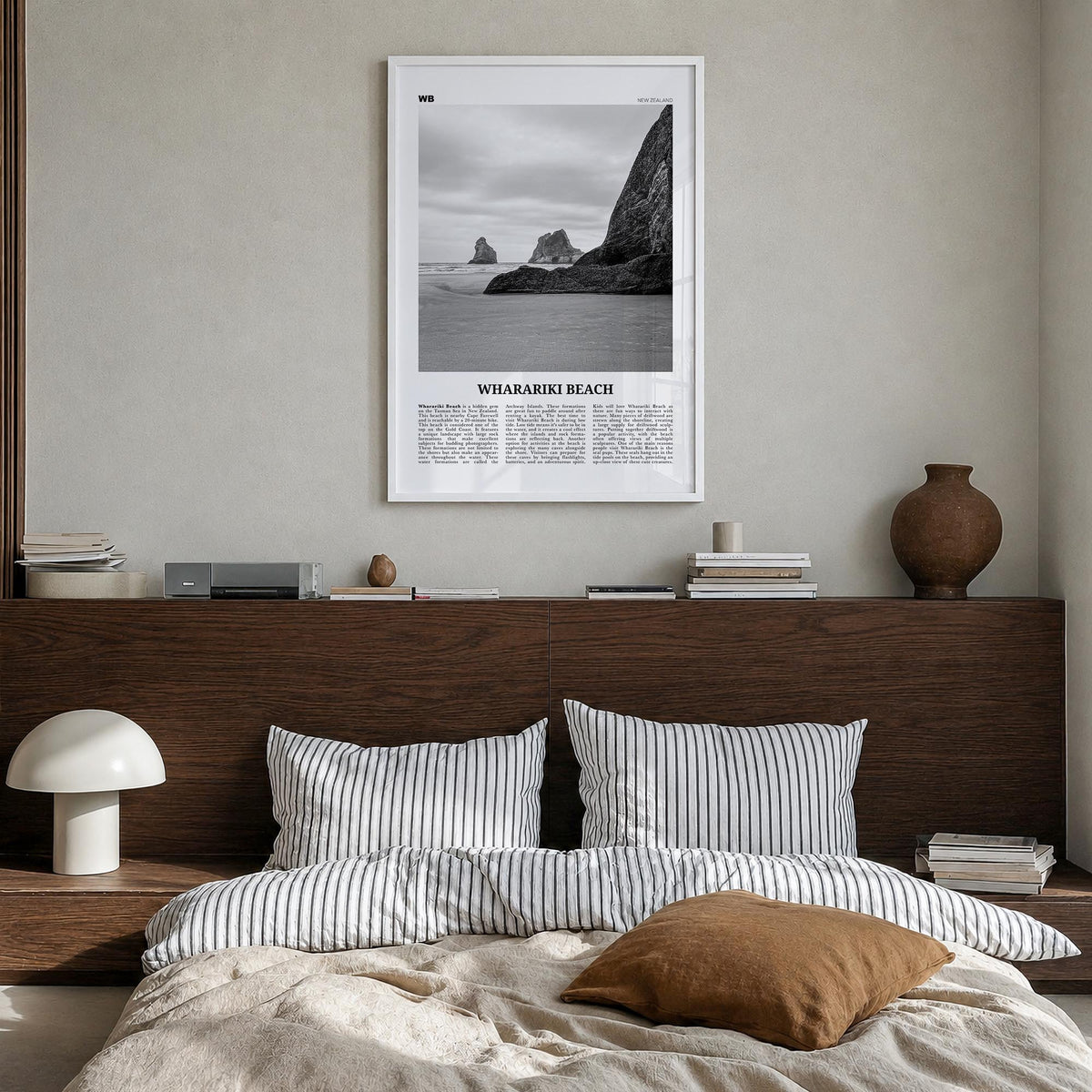 Wharariki Beach black & white newspaper poster of New Zealand – vertical wall art in white wood frame, hanging on wall