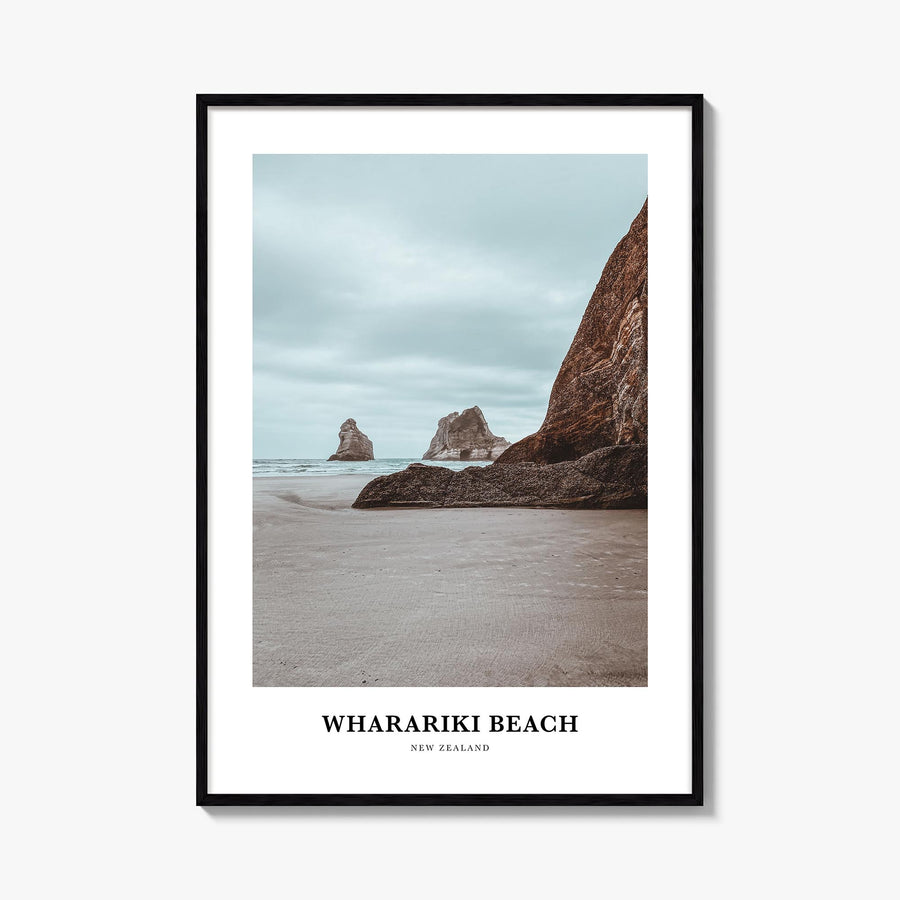Wharariki Beach colorful classic poster of New Zealand – vertical wall art, unframed print shown in interior mockup