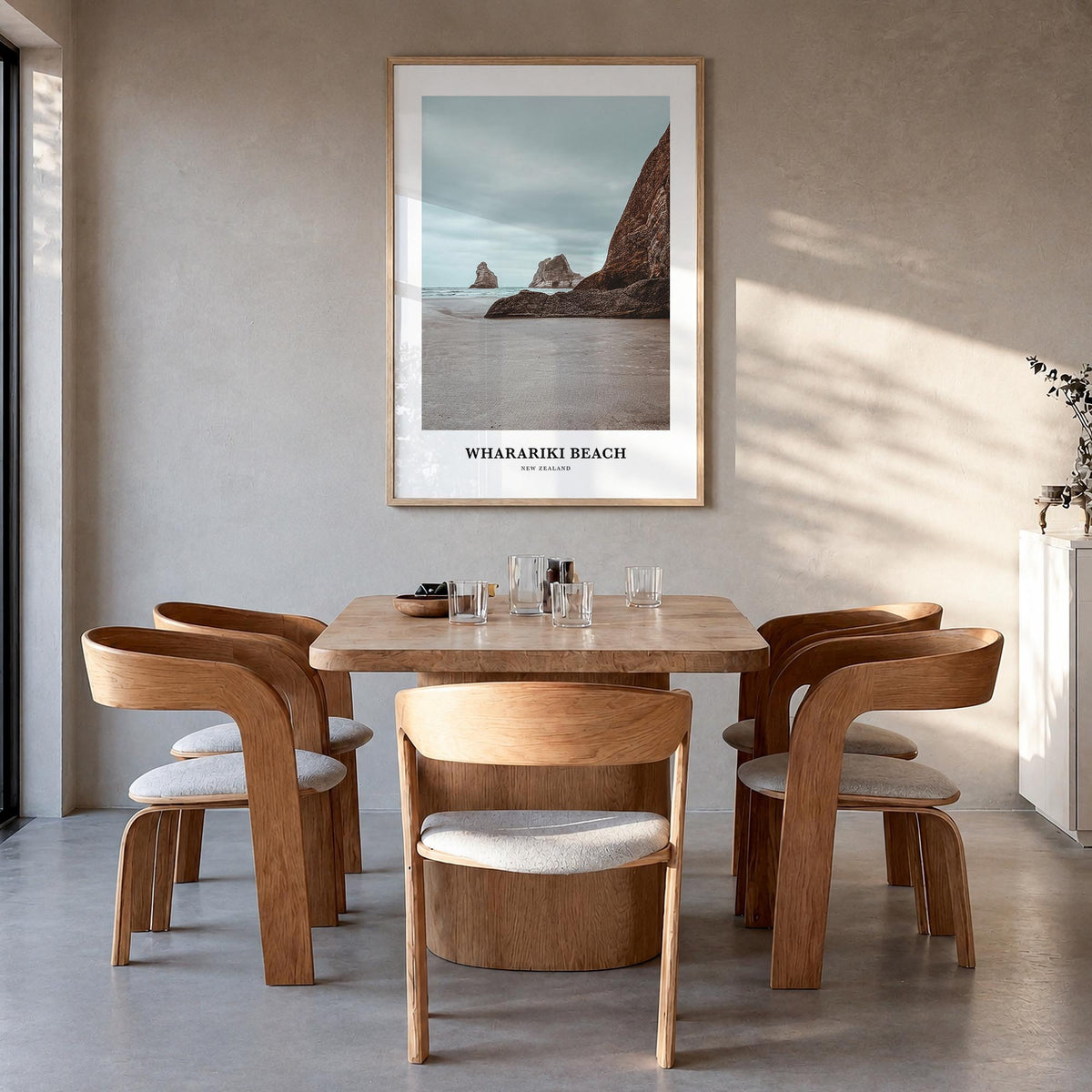 Wharariki Beach colorful classic poster of New Zealand – vertical wall art in natural wood frame, hanging on wall