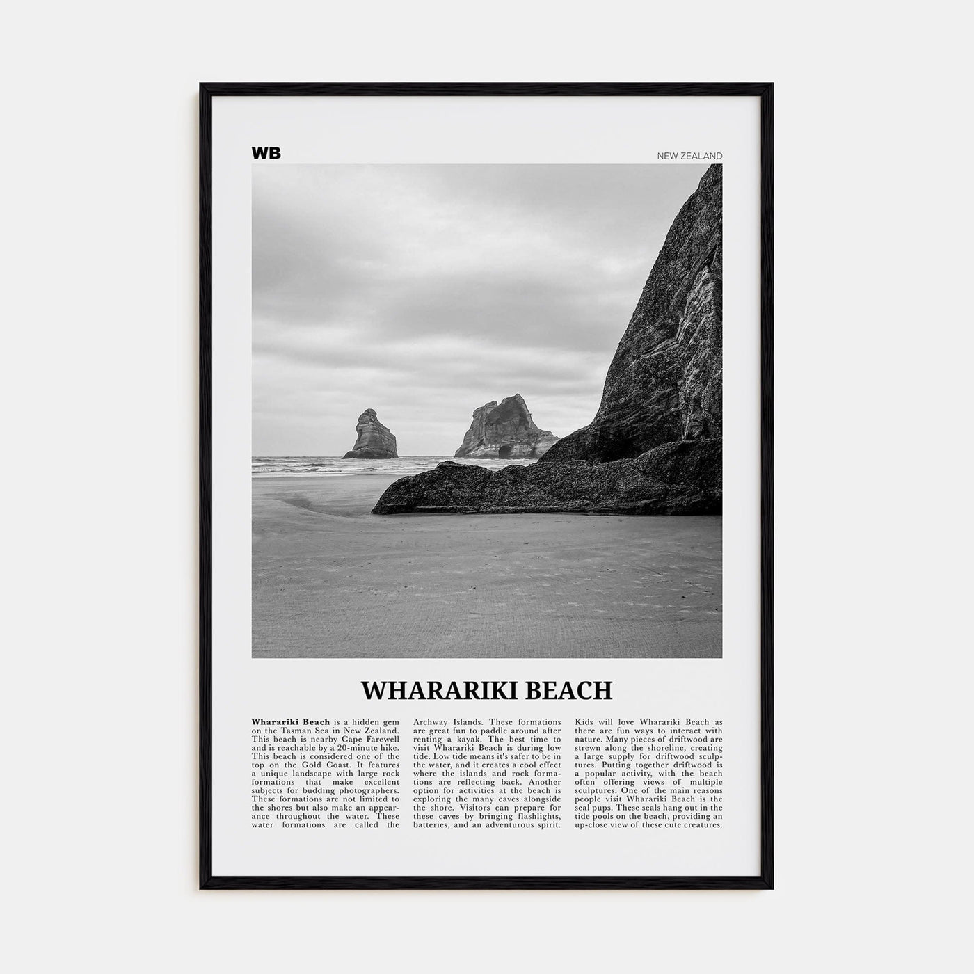 Wharariki Beach Poster Black Wood / 8x12 in Nbourhood Travel B&W Poster