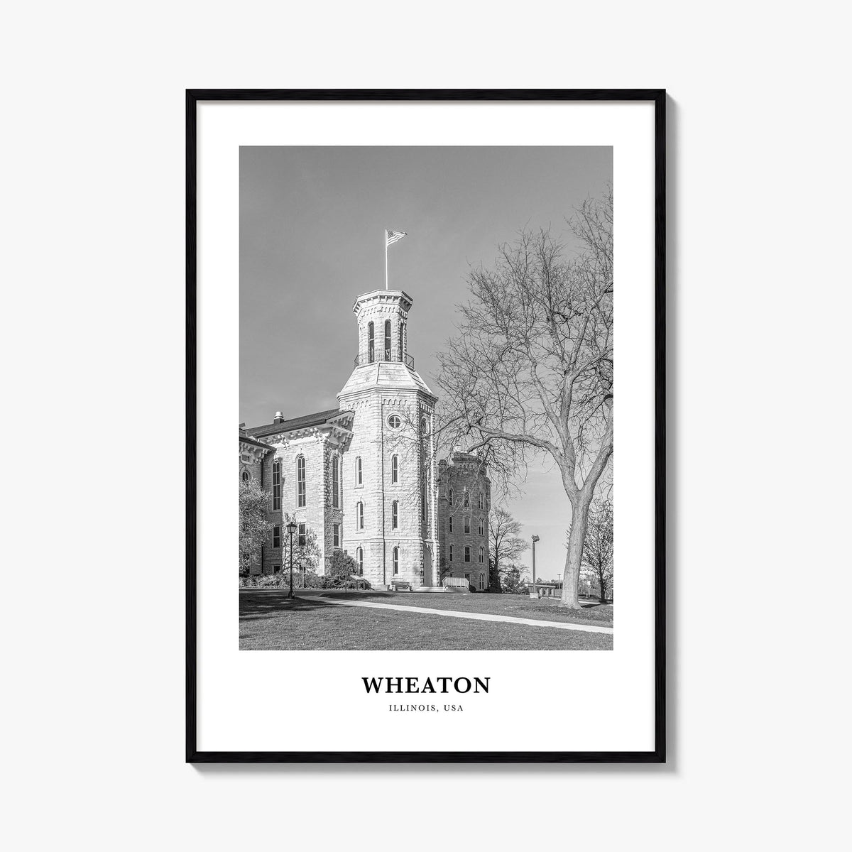 Wheaton black & white classic poster of Illinois, USA – vertical wall art, unframed print shown in interior mockup