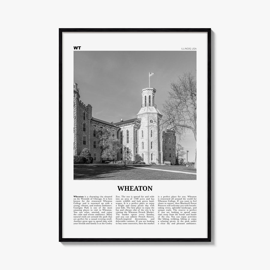 Wheaton black & white newspaper poster of Illinois, USA – vertical wall art, unframed print shown in interior mockup