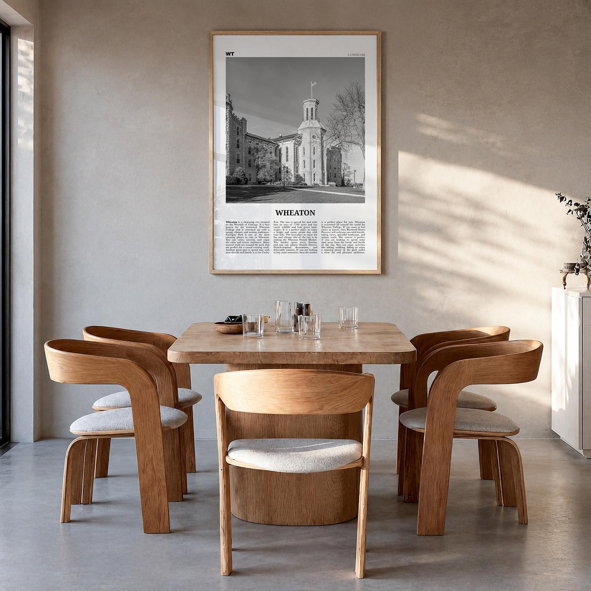 Wheaton black & white newspaper poster of Illinois, USA – vertical wall art in natural wood frame, hanging on wall