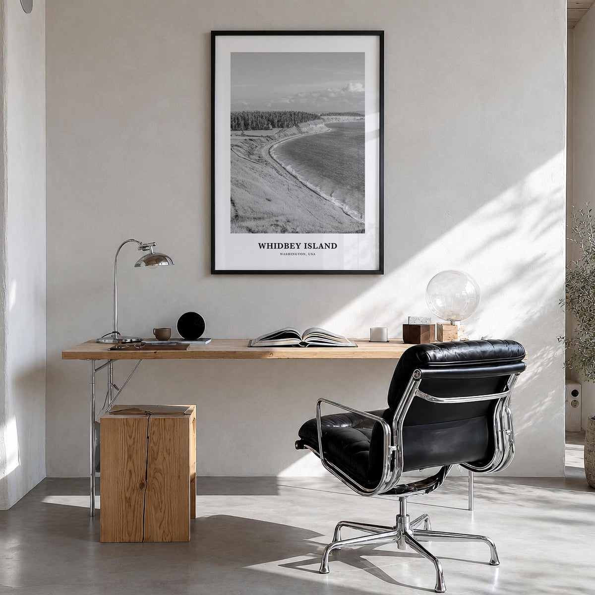 Whidbey Island black & white classic poster of Washington, USA – vertical wall art in black wood frame, hanging on wall