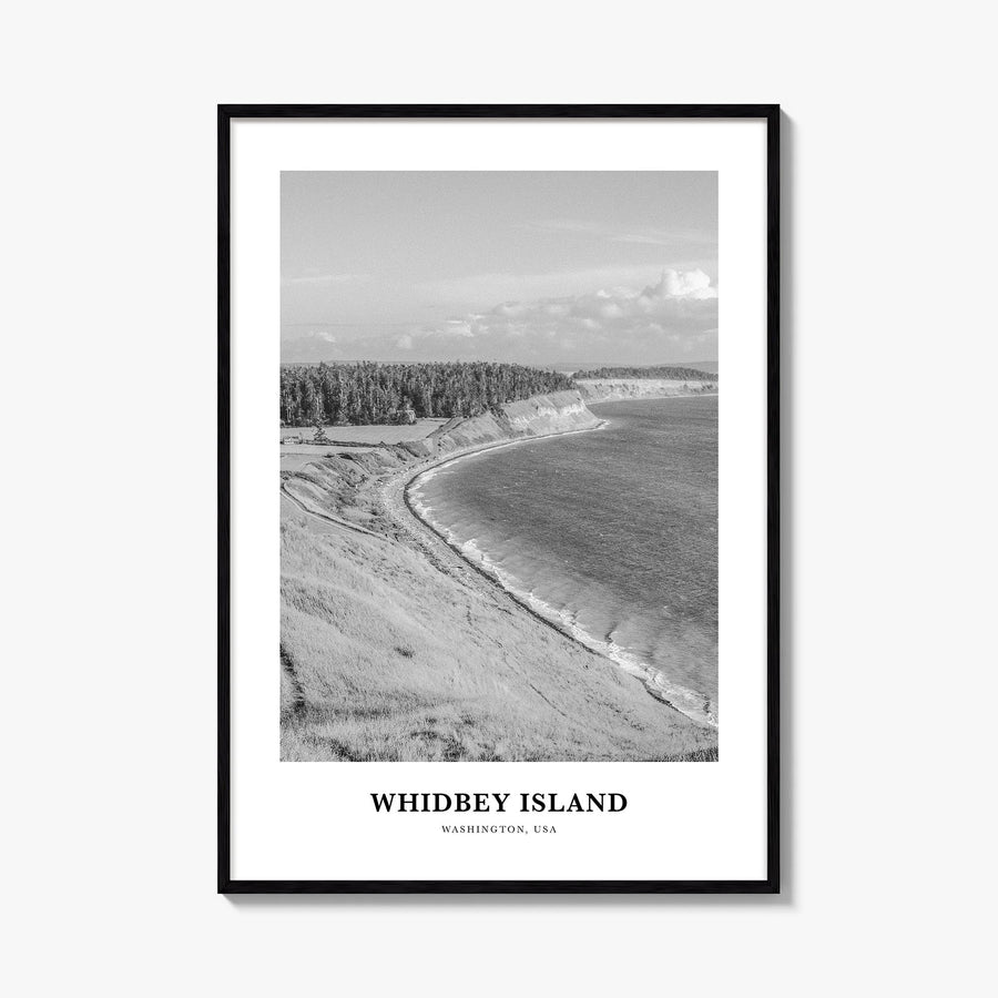 Whidbey Island black & white classic poster of Washington, USA – vertical wall art, unframed print shown in interior mockup