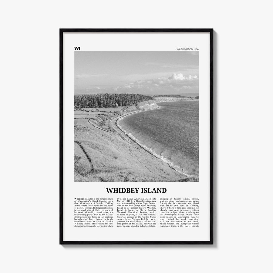 Whidbey Island black & white newspaper poster of Washington, USA – vertical wall art, unframed print shown in interior mockup