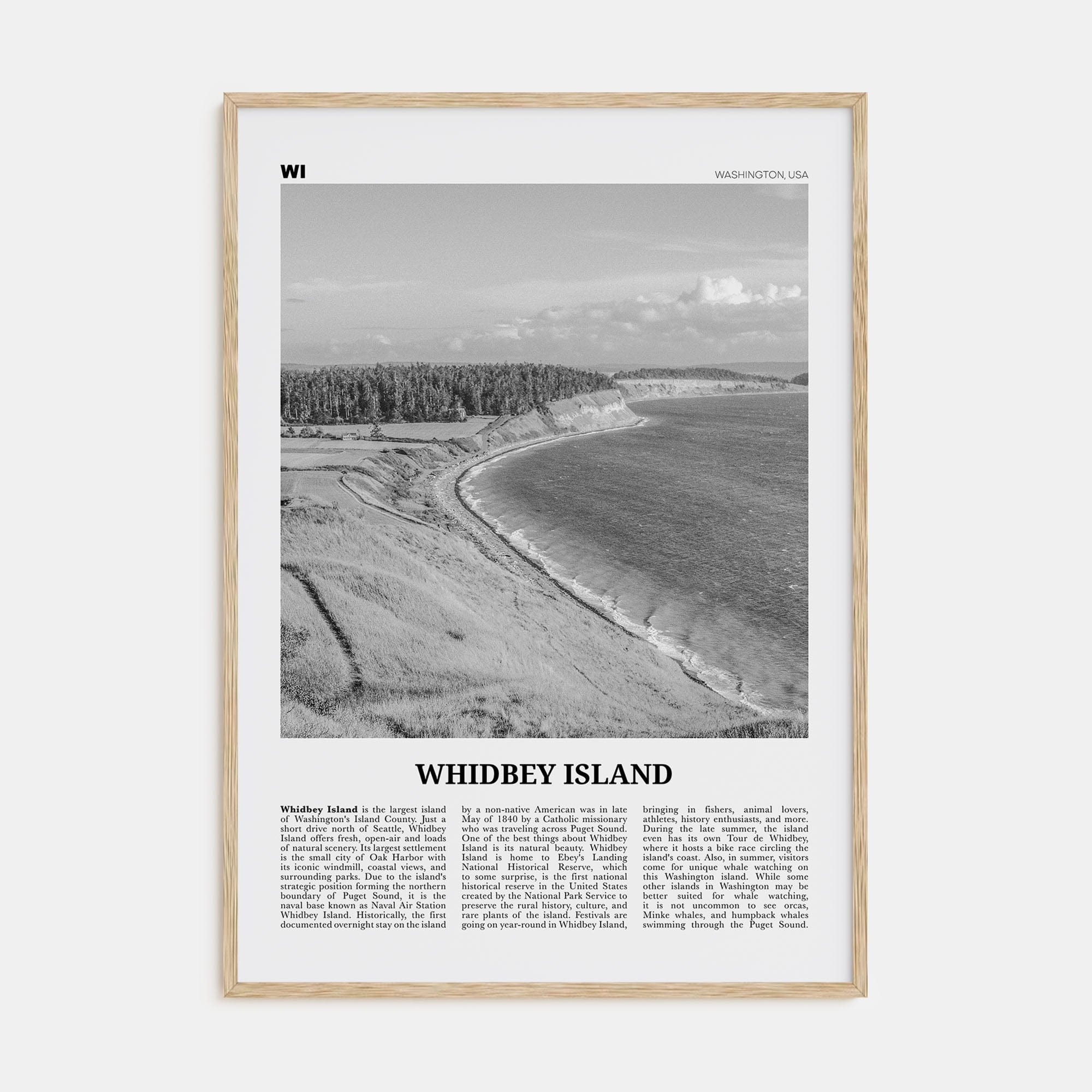 Whidbey Island Poster Natural Wood / 8x12 in Nbourhood Travel B&W Poster