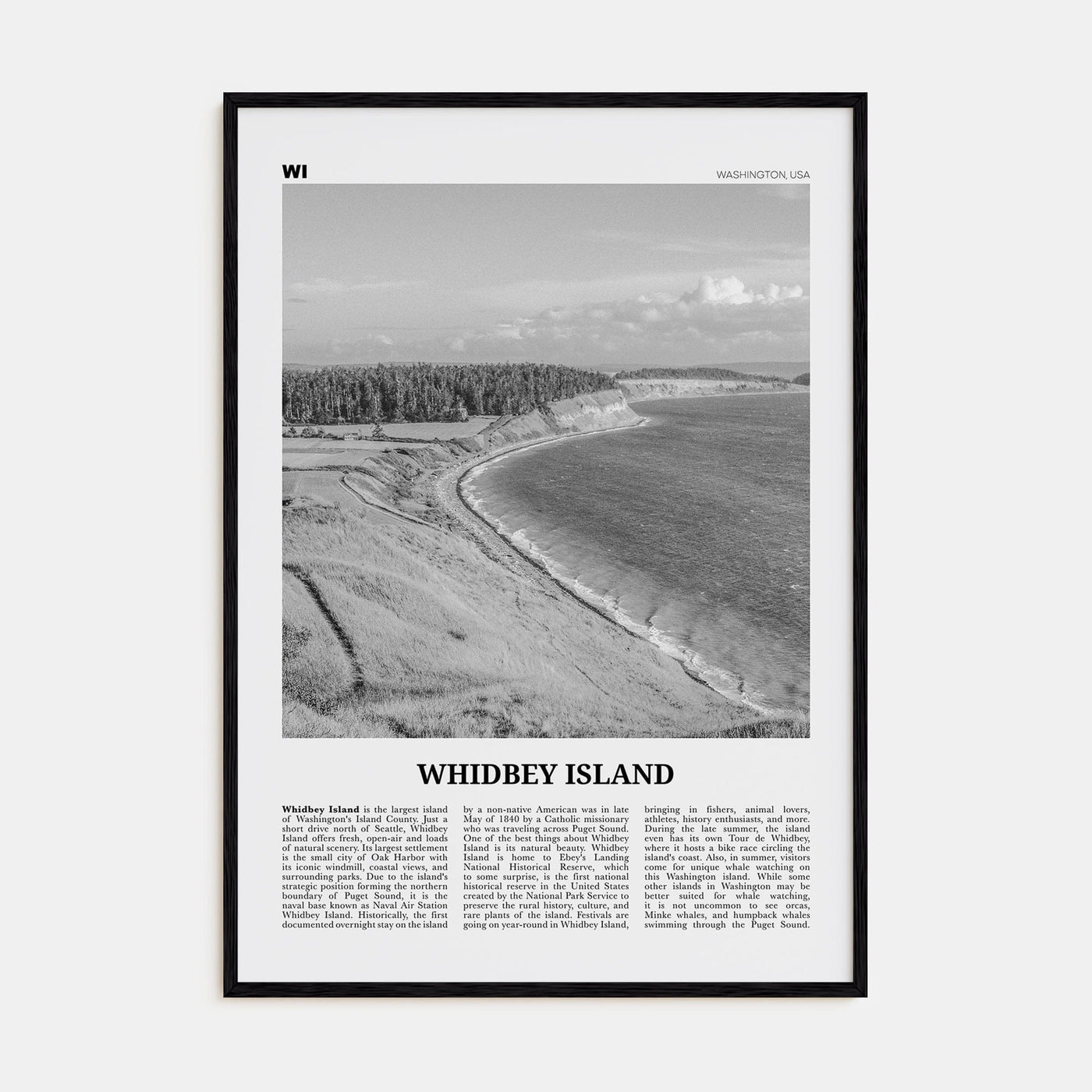 Whidbey Island Poster Black Wood / 8x12 in Nbourhood Travel B&W Poster