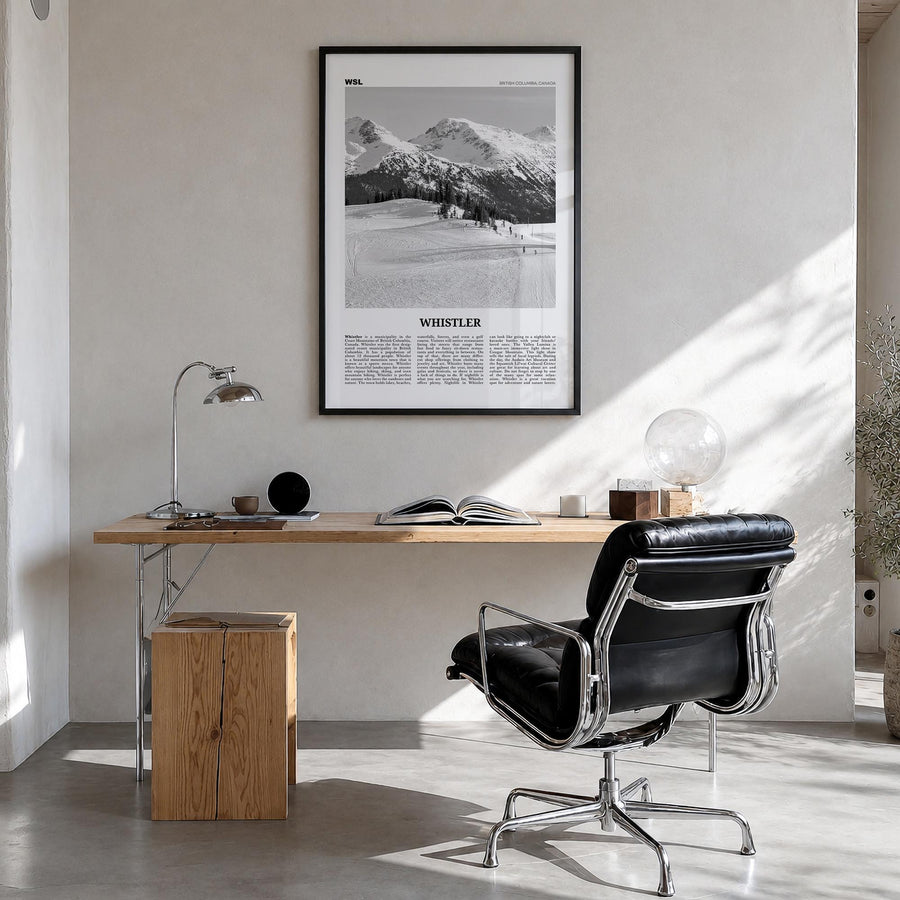 Whistler black & white newspaper poster of British Columbia, Canada – vertical wall art in black wood frame, hanging on wall