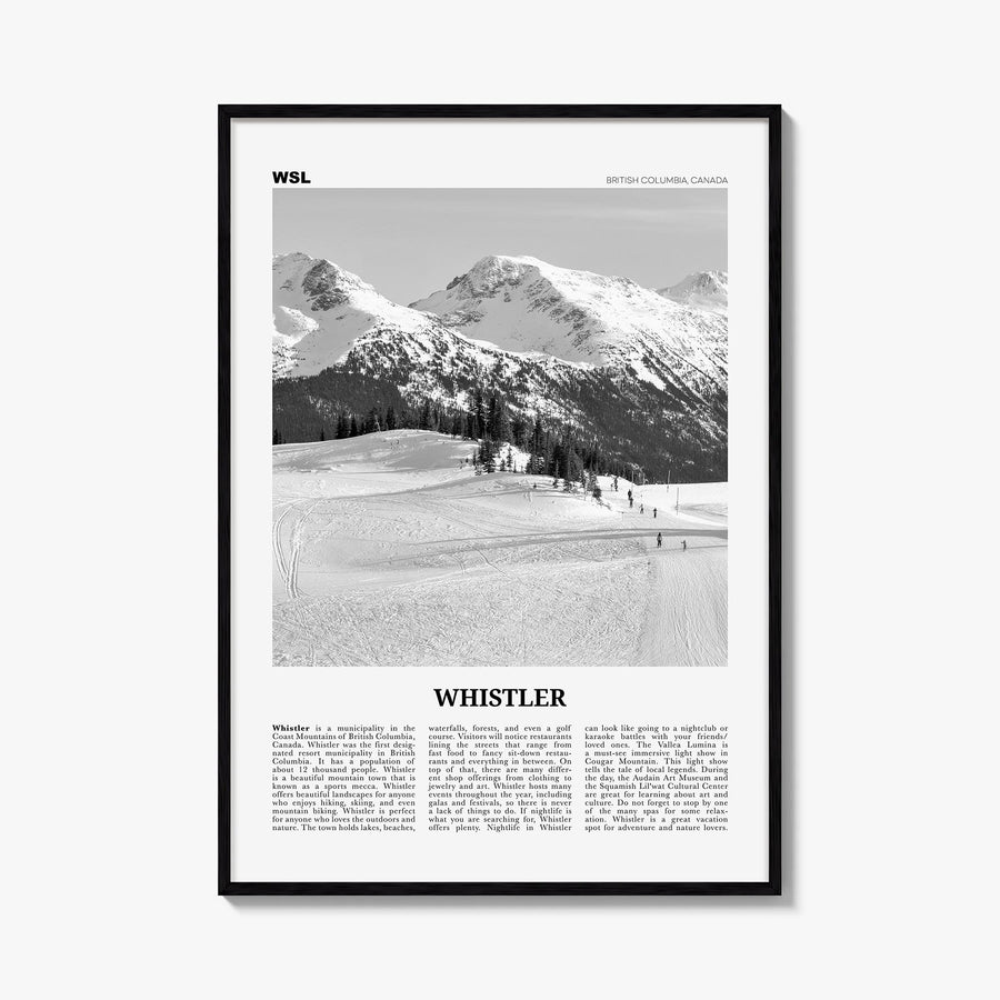 Whistler black & white newspaper poster of British Columbia, Canada – vertical wall art, unframed print shown in interior moc