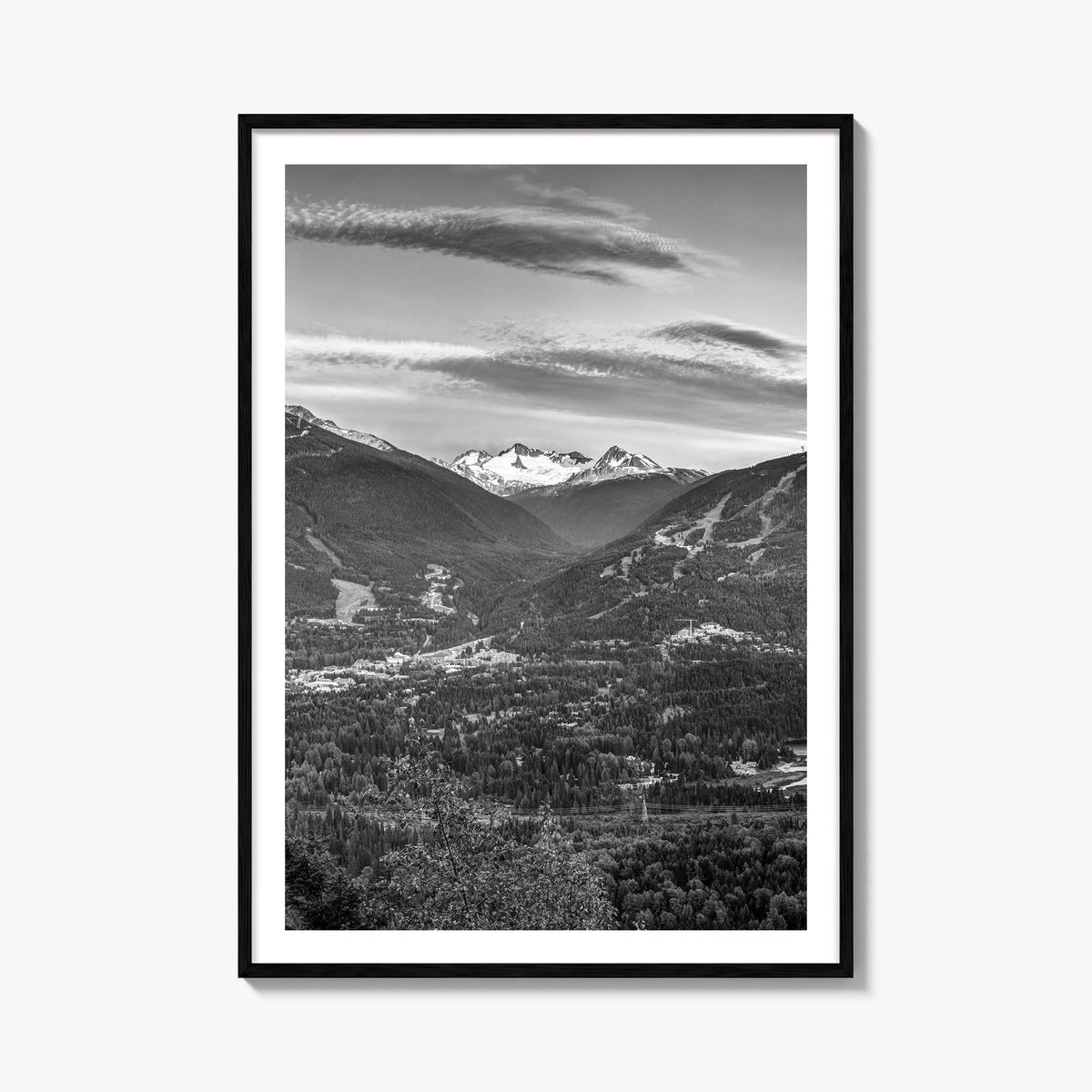 Whistler black & white photo poster of British Columbia, Canada – vertical wall art, unframed print shown in interior mockup