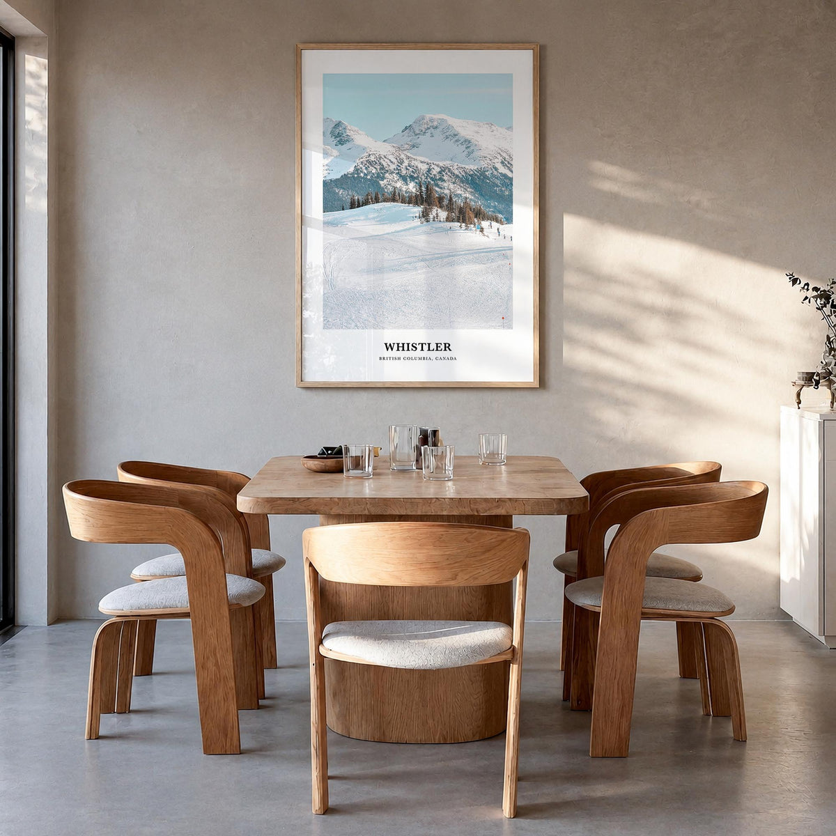 Whistler colorful classic poster of British Columbia, Canada – vertical wall art in natural wood frame, hanging on wall