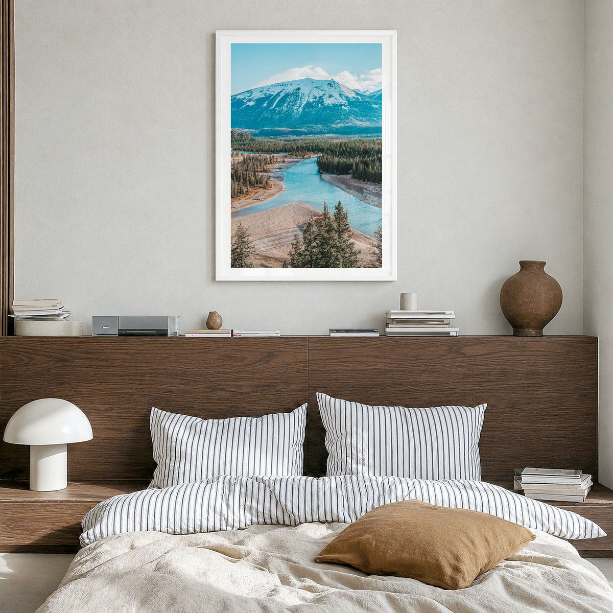 Whistler Photo Poster in a white wood frame, hanging in a bedroom, white border