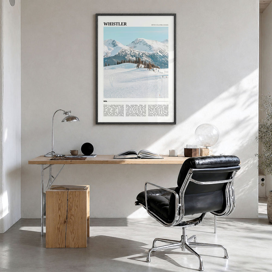 Whistler Travel Poster in a black wood frame, hanging in a bright home office