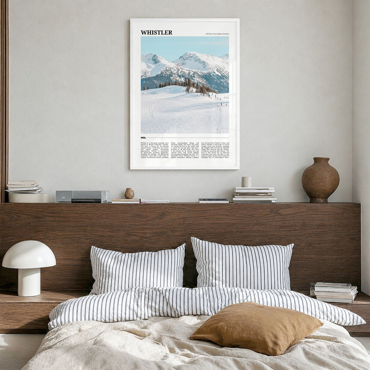Whistler Travel Poster in a white wood frame, hanging in a bedroom