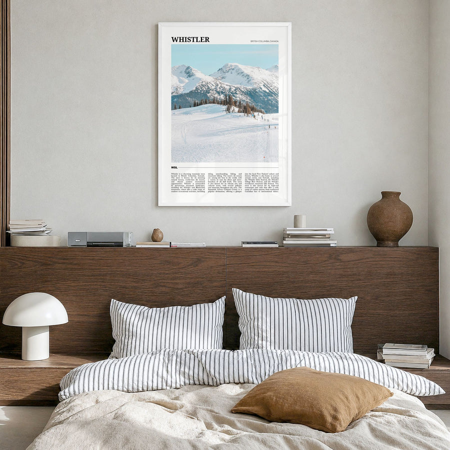 Whistler Travel Poster in a white wood frame, hanging in a bedroom