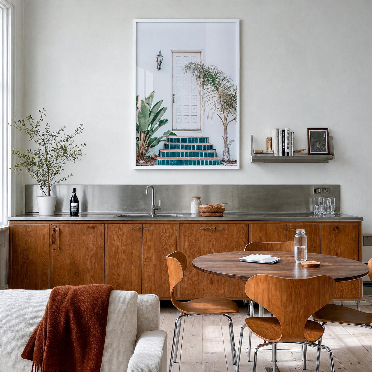 White Door colorful photo poster – vertical wall art in white wood frame, hanging on wall