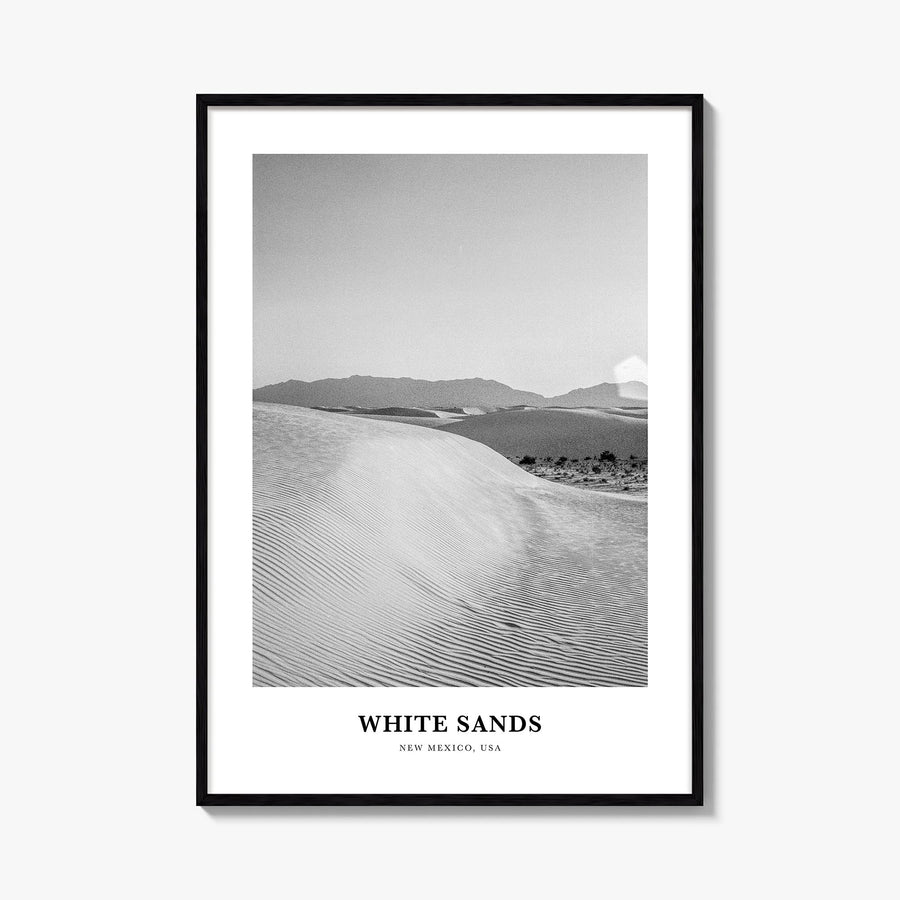 White Sands National Park black & white classic poster of New Mexico, USA – vertical wall art, unframed print shown in interi