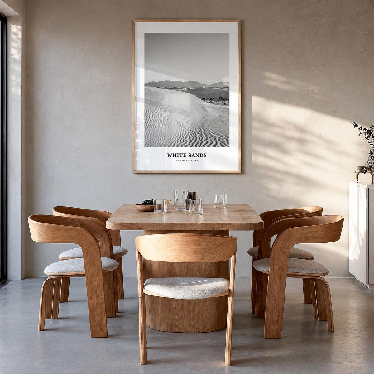 White Sands National Park black & white classic poster of New Mexico, USA – vertical wall art in natural wood frame, hanging 
