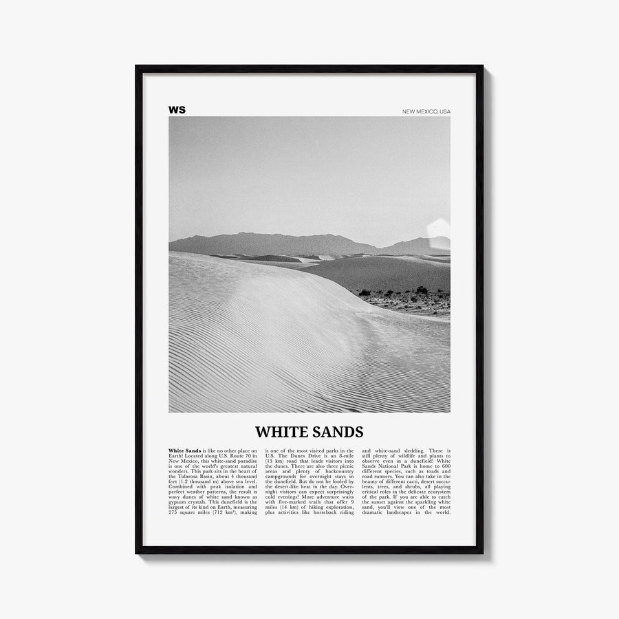 White Sands National Park black & white newspaper poster of New Mexico, USA – vertical wall art, unframed print shown in inte