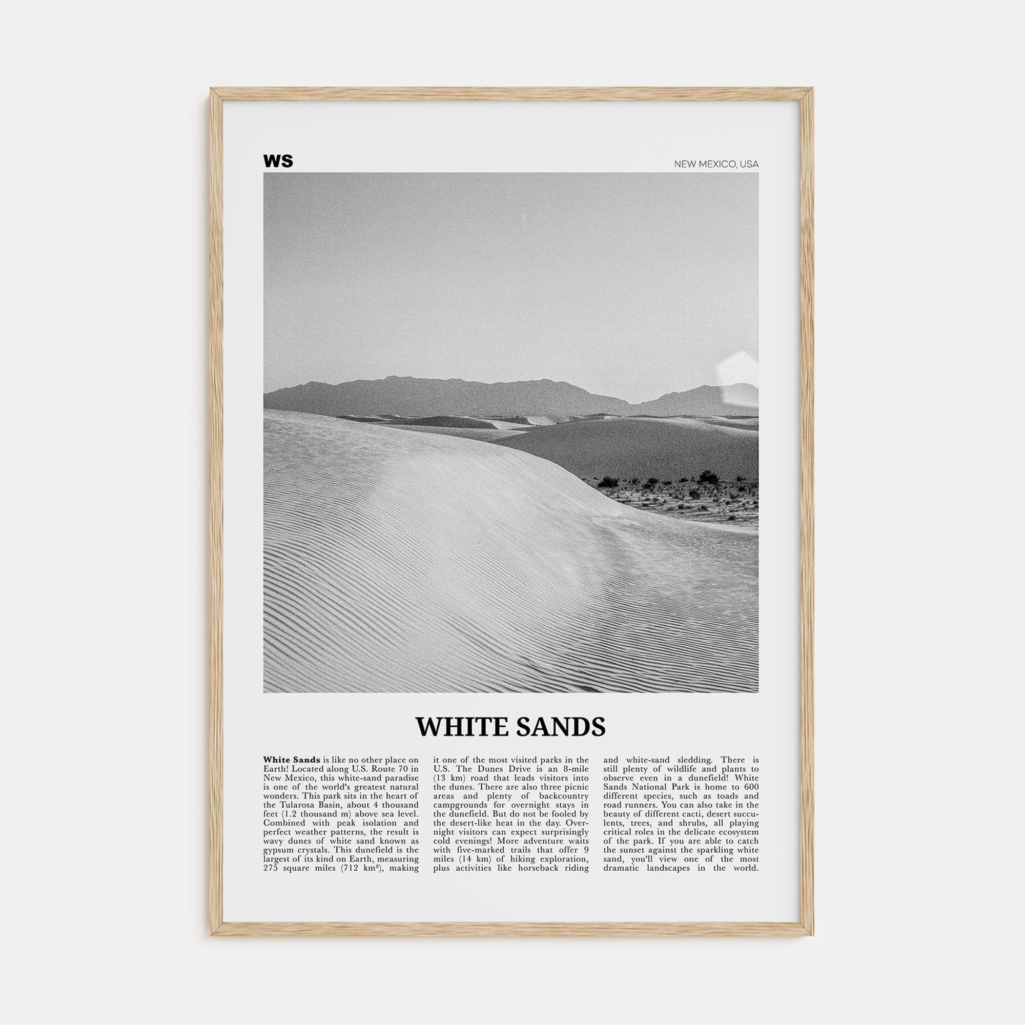 White Sands National Park Poster Natural Wood / 8x12 in Nbourhood Travel B&W Poster