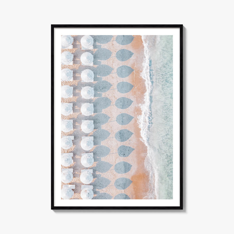 White Umbrellas colorful photo poster – vertical wall art, unframed print shown in interior mockup
