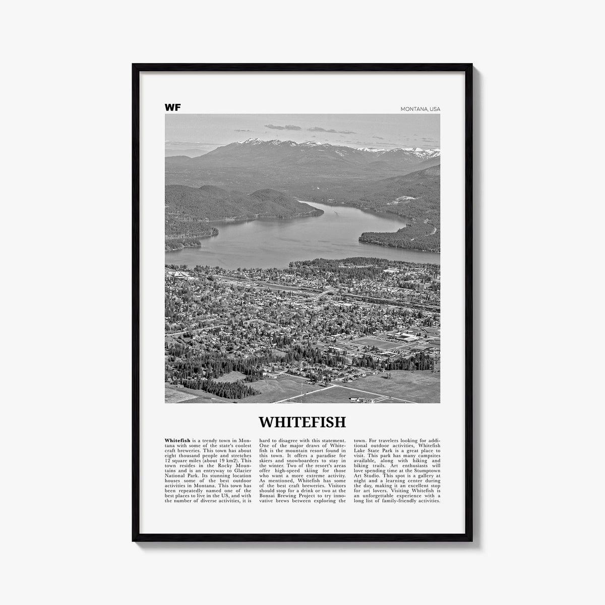 Whitefish black & white newspaper poster of Montana, USA – vertical wall art, unframed print shown in interior mockup