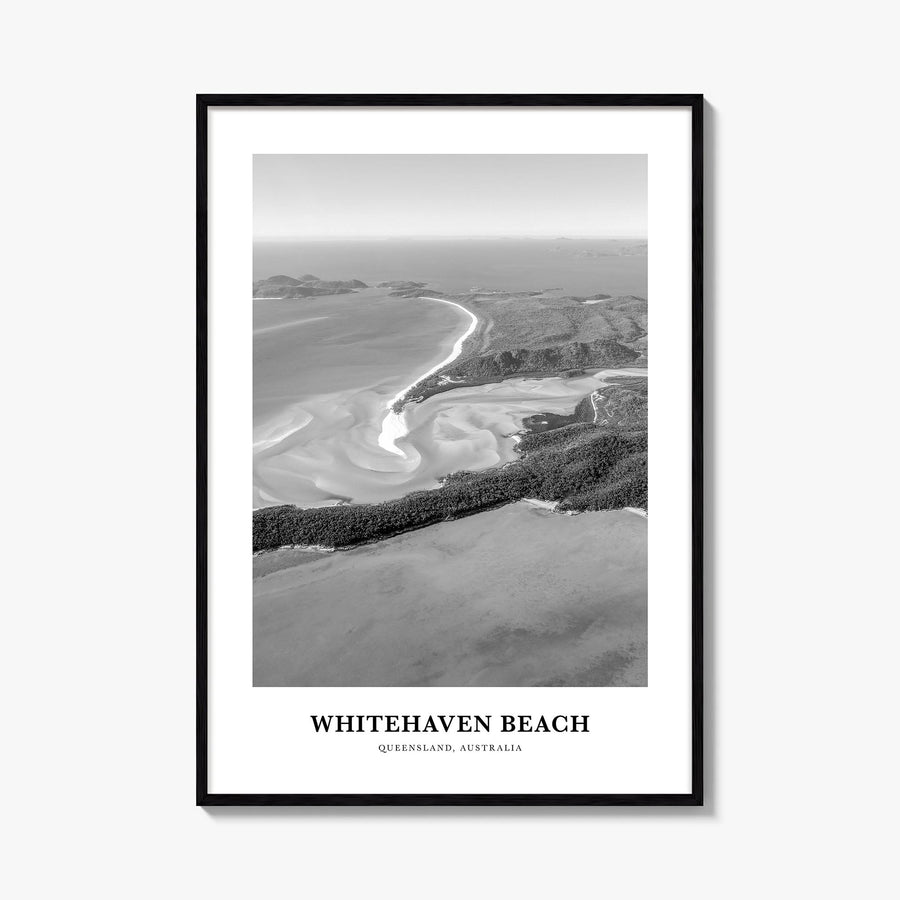 Whitehaven Beach black & white classic poster of Queensland, Australia – vertical wall art, unframed print shown in interior 