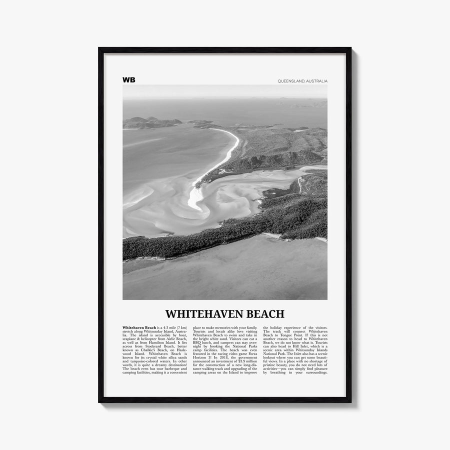 Whitehaven Beach black & white newspaper poster of Queensland, Australia – vertical wall art, unframed print shown in interio