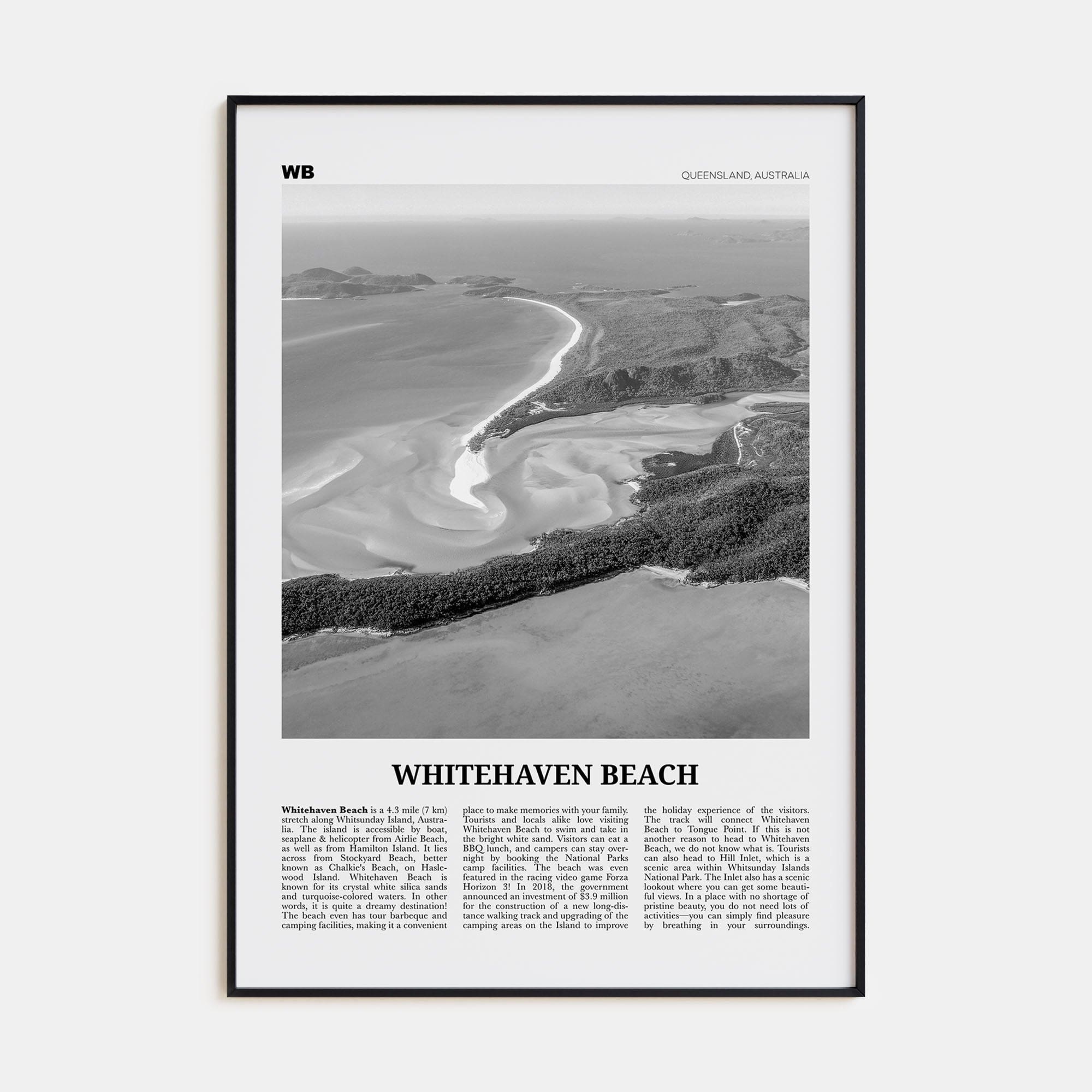 Whitehaven Beach Poster Black Metal / 8x12 in Nbourhood Travel B&W Poster
