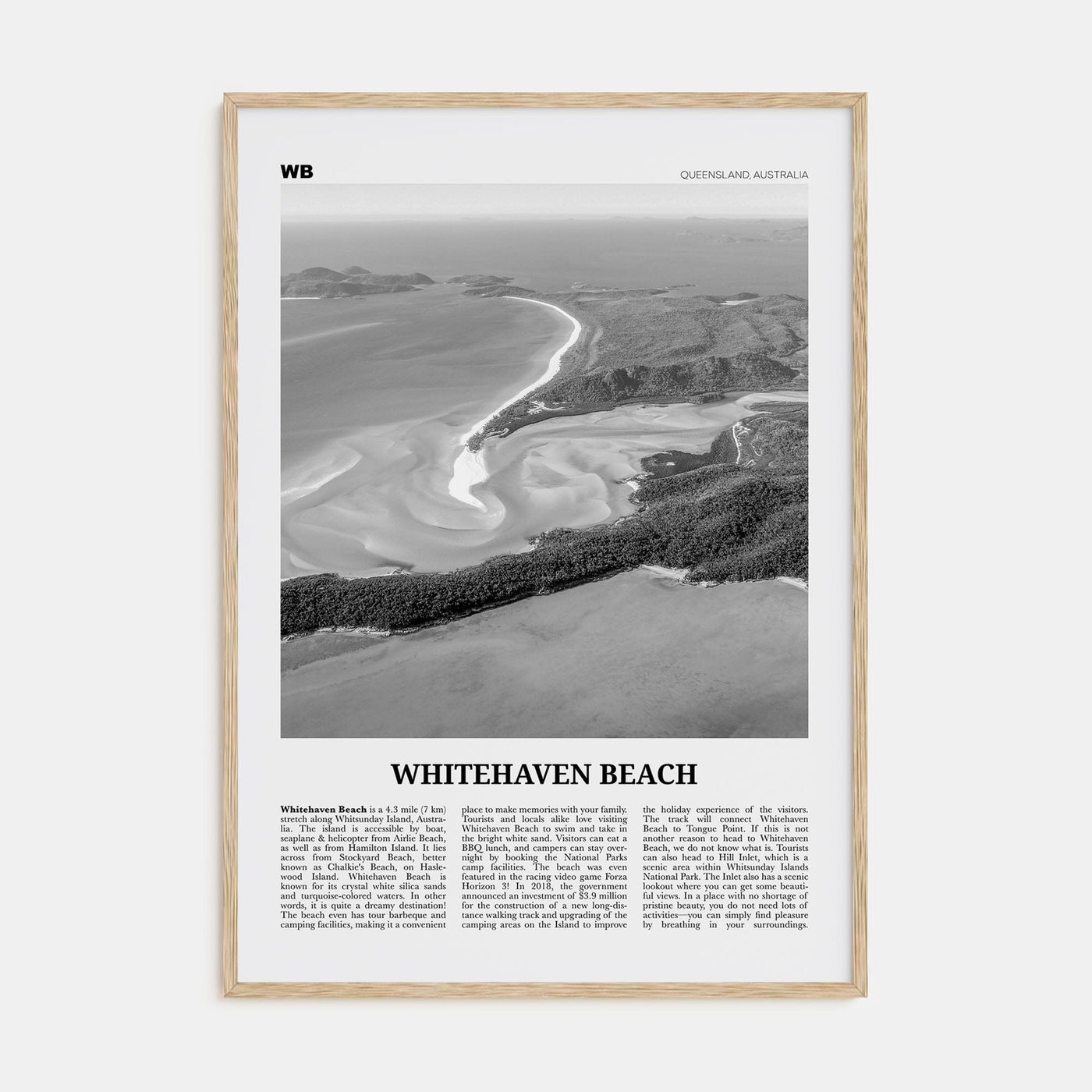 Whitehaven Beach Poster Natural Wood / 8x12 in Nbourhood Travel B&W Poster
