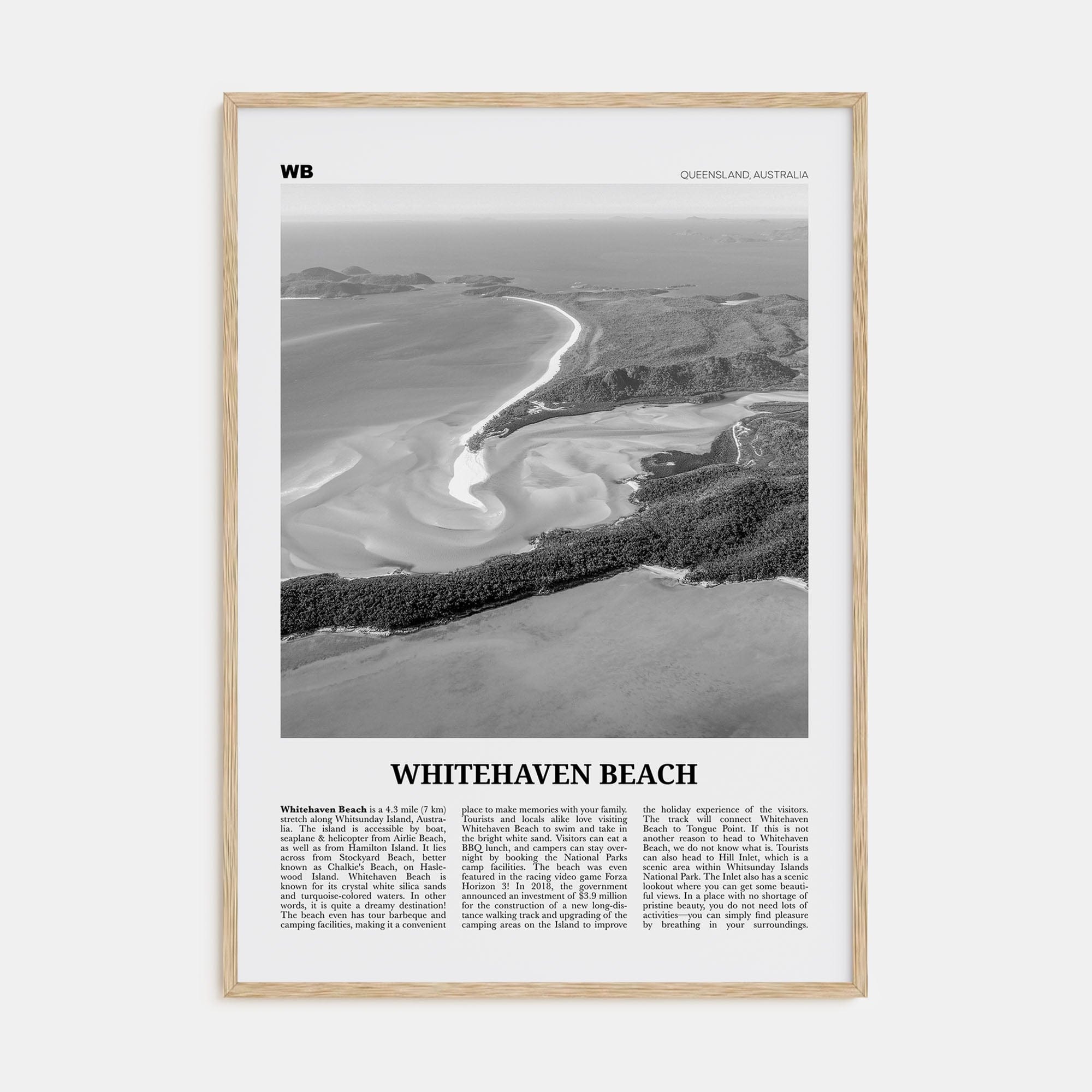 Whitehaven Beach Poster Natural Wood / 8x12 in Nbourhood Travel B&W Poster