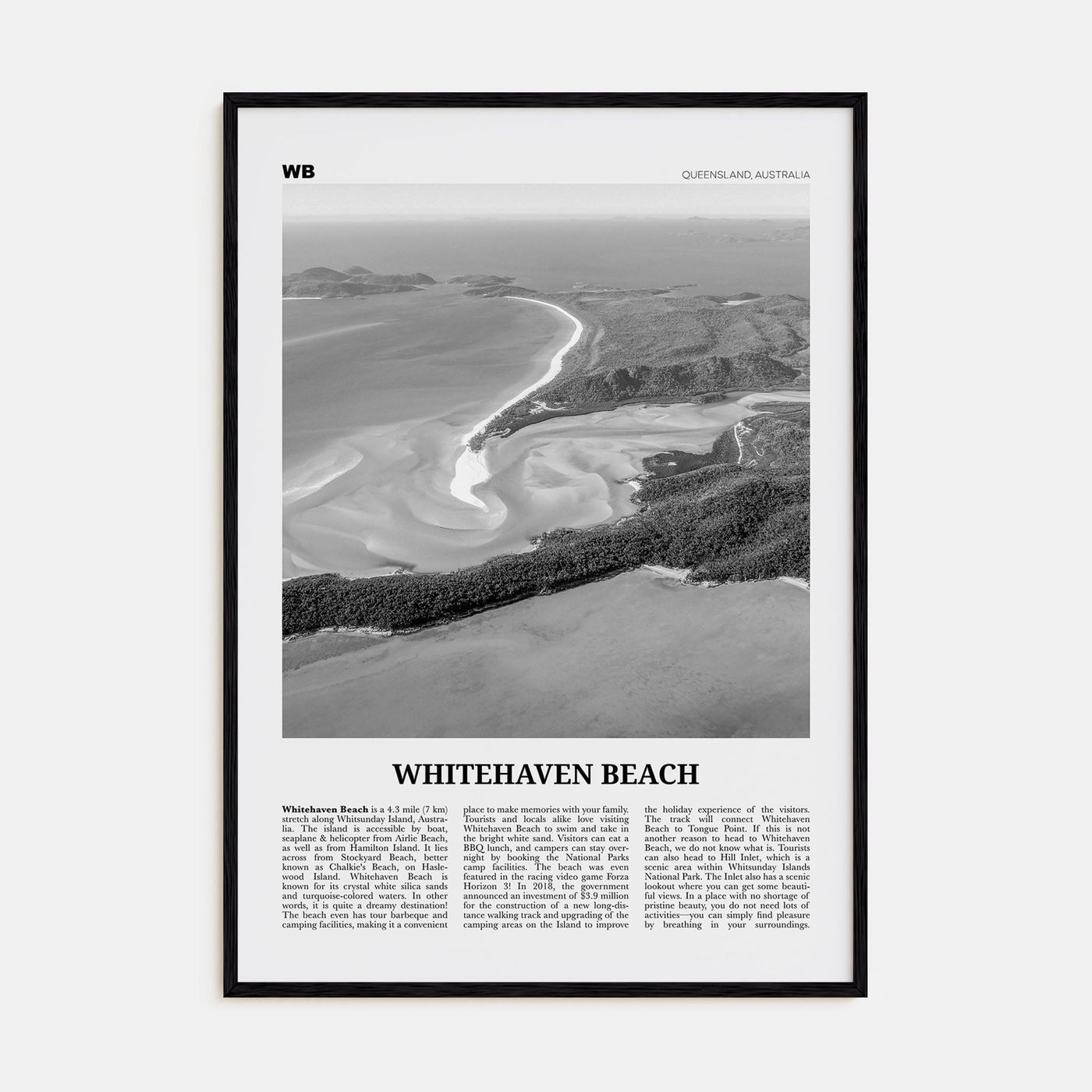 Whitehaven Beach Poster Black Wood / 8x12 in Nbourhood Travel B&W Poster