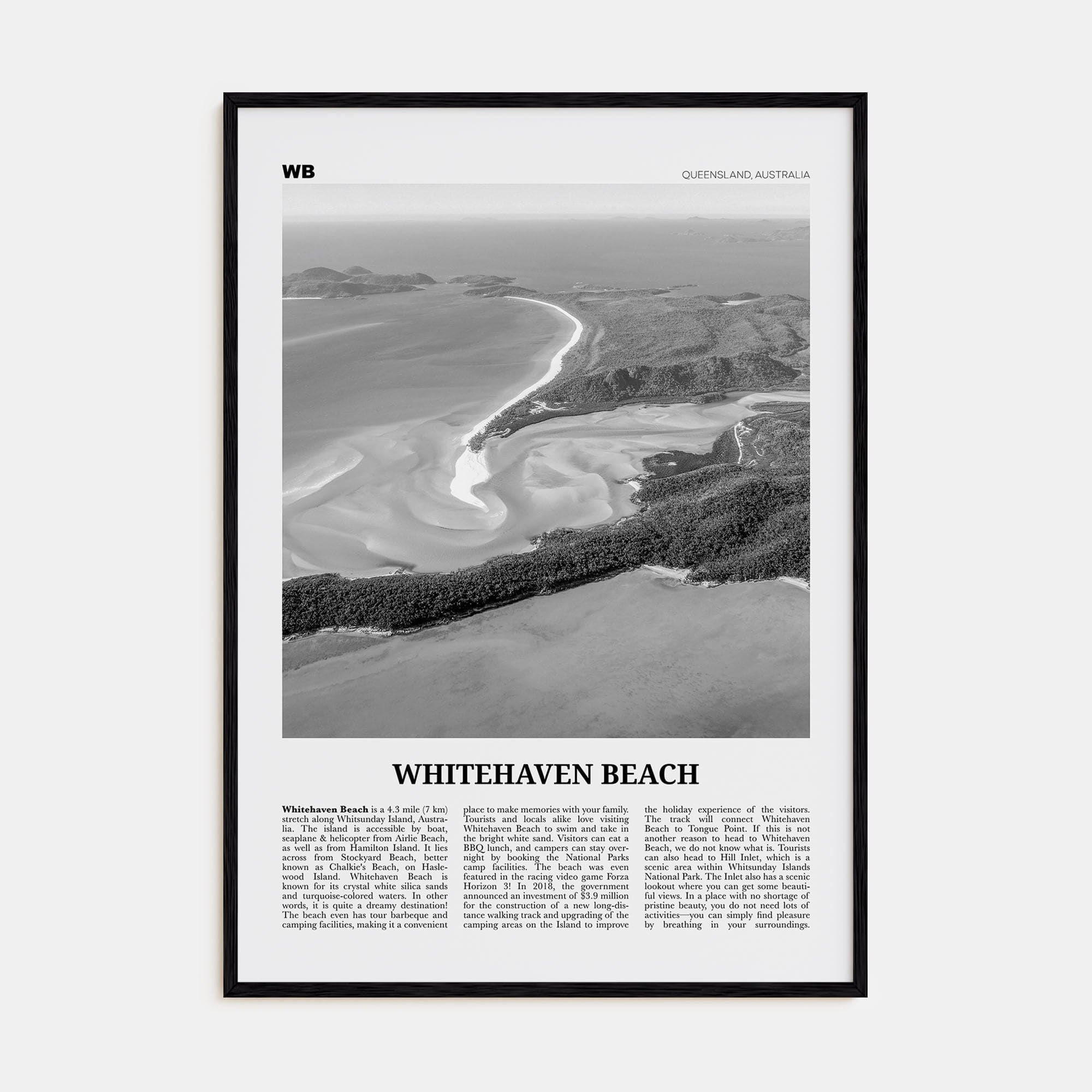 Whitehaven Beach Poster Black Wood / 8x12 in Nbourhood Travel B&W Poster