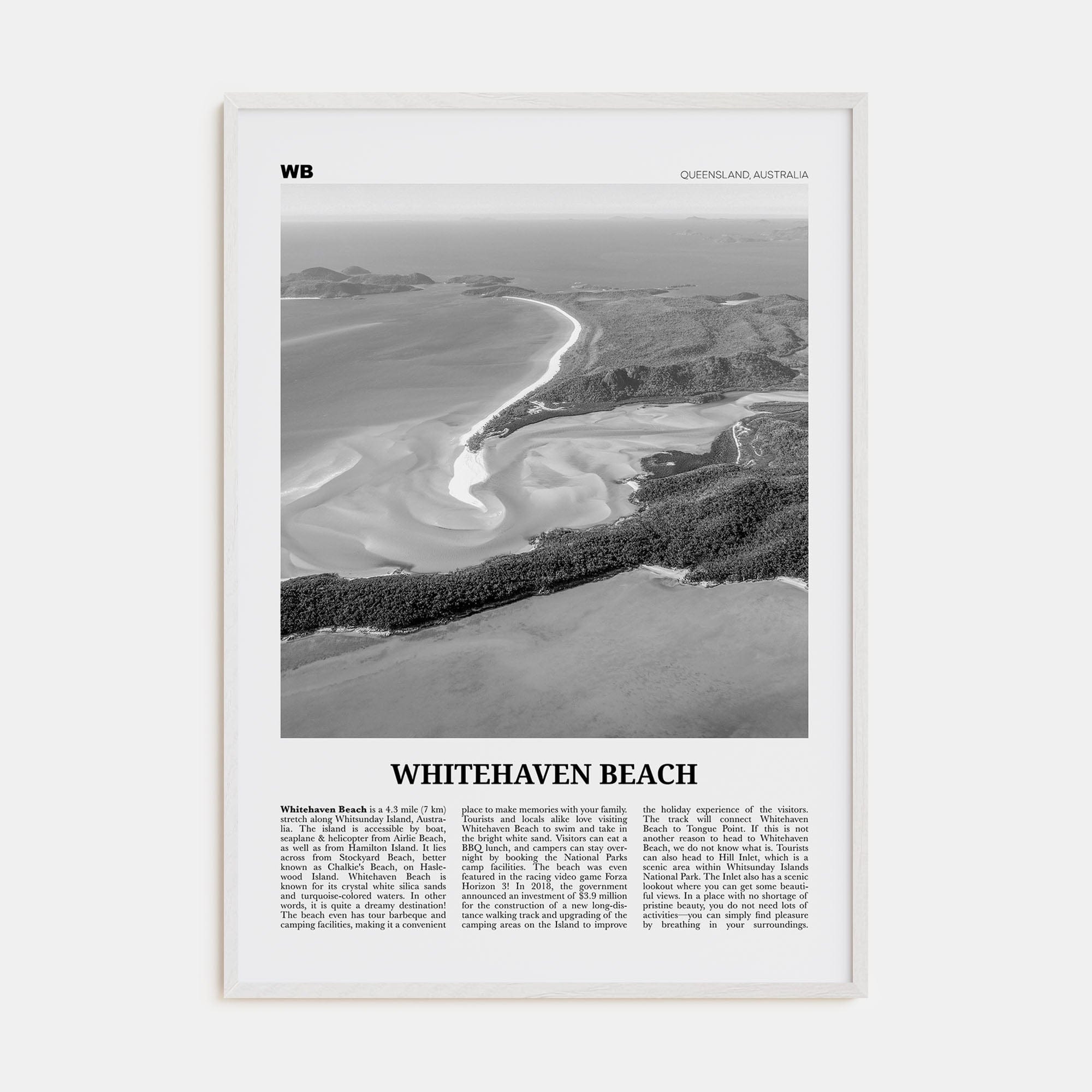 Whitehaven Beach Poster White Wood / 8x12 in Nbourhood Travel B&W Poster