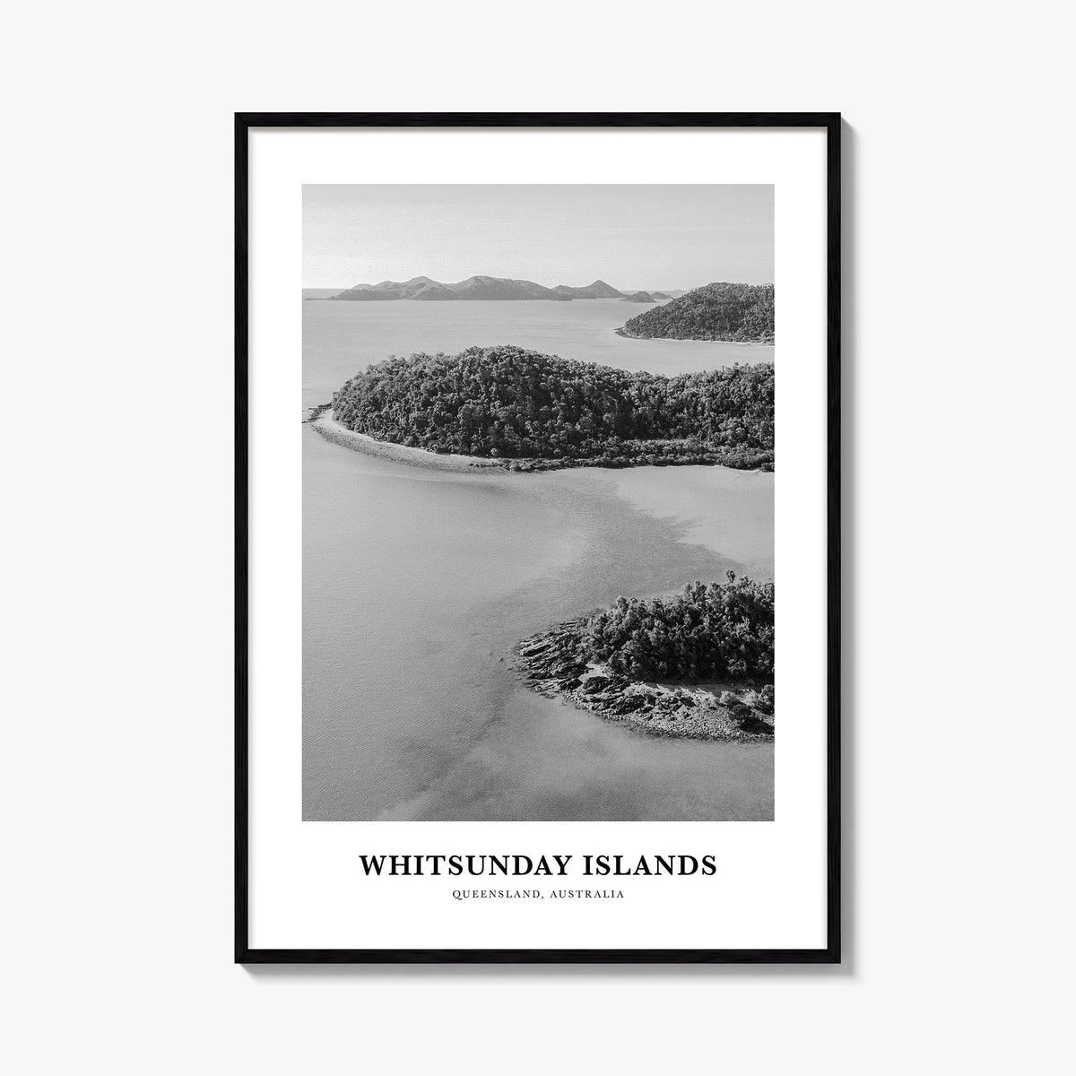 Whitsunday Islands black & white classic poster of Queensland, Australia – vertical wall art, unframed print shown in interio
