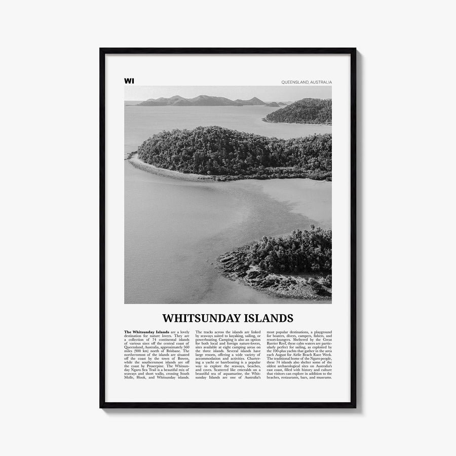 Whitsunday Islands black & white newspaper poster of Queensland, Australia – vertical wall art, unframed print shown in inter