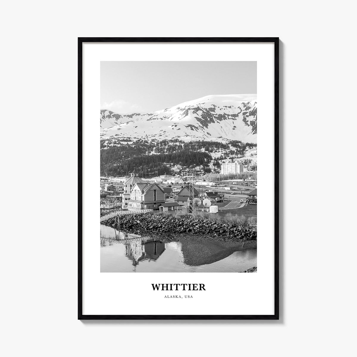 Whittier, Alaska black & white classic poster of Alaska, USA – vertical wall art, unframed print shown in interior mockup